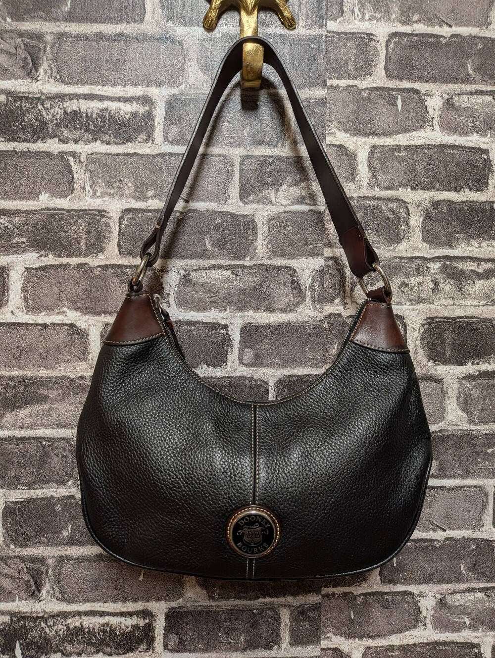 Vintage Dooney & Bourke Black Pebbled Leather Hobo with Brown Trim